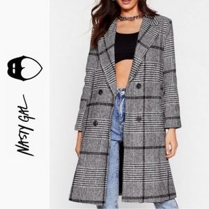 Nasty Gal Double Breasted Glen Plain Long Faux Wool Coat - Medium